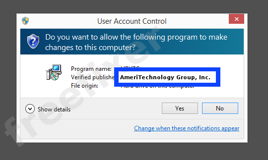 Screenshot where AmeriTechnology Group, Inc. appears as the verified publisher in the UAC dialog